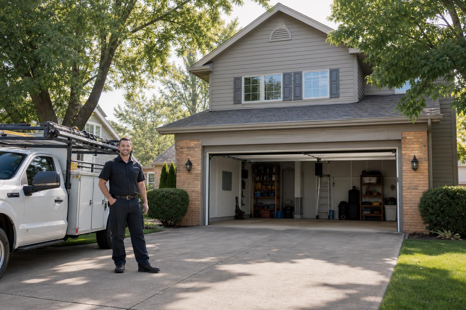 Mason, Ohio suburban home with an open insulated garage door and a technician beside a service truck